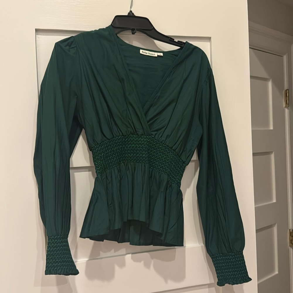 Roller rabbit xs green v neck peplum blouse